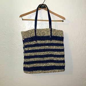 NWT Gap Large Tan Blue Beach Bag Striped Straw Raffia